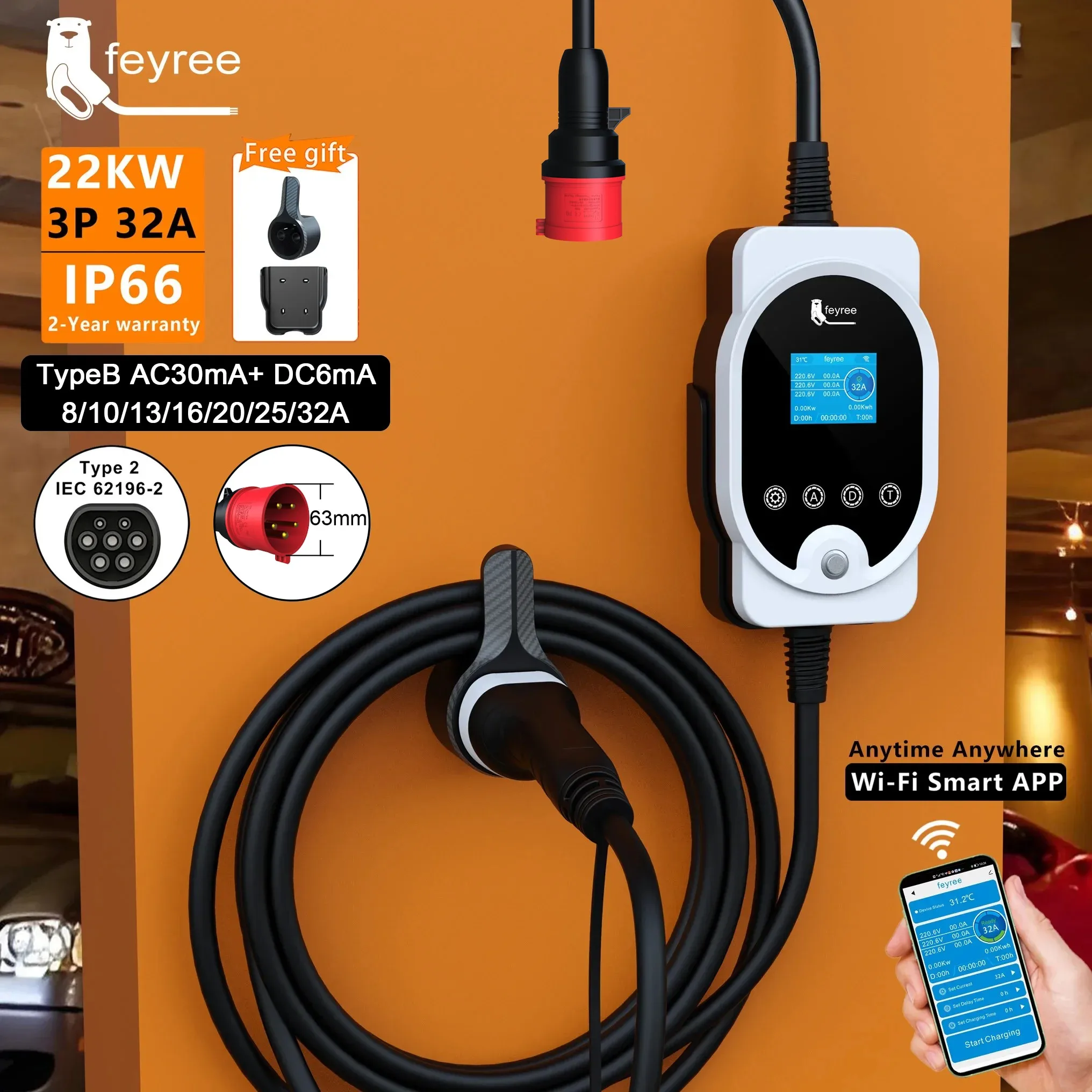 Feyree 22KW Kabel Typu 2 EVSE  – Ev Charger Type 2 22Kw 32A 3 Phase recenzja i cena
